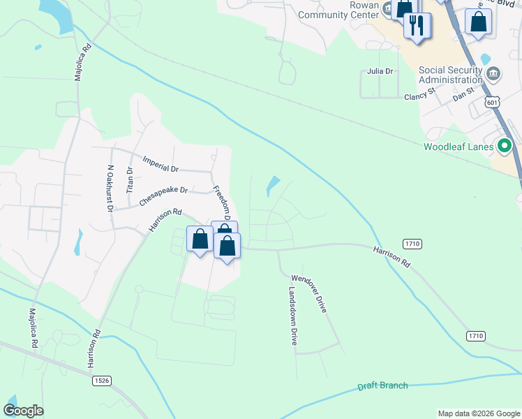 map of restaurants, bars, coffee shops, grocery stores, and more near 165 Freedom Drive in Salisbury
