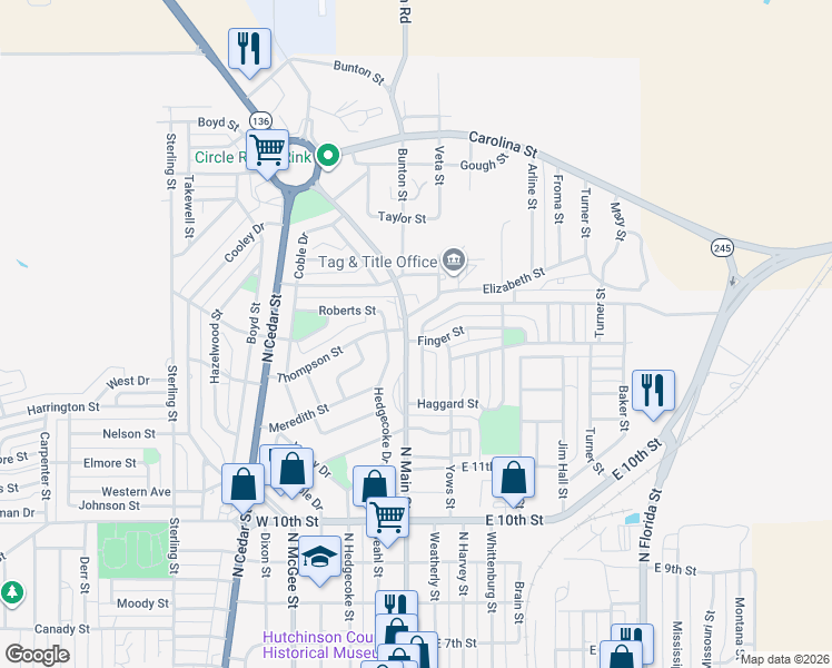 map of restaurants, bars, coffee shops, grocery stores, and more near 1401 Clayton Street in Borger