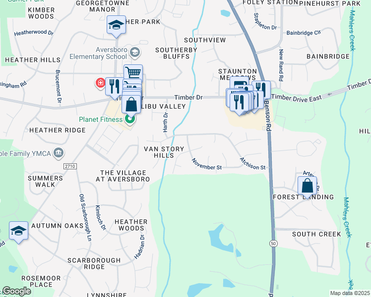 map of restaurants, bars, coffee shops, grocery stores, and more near 601 November Street in Garner