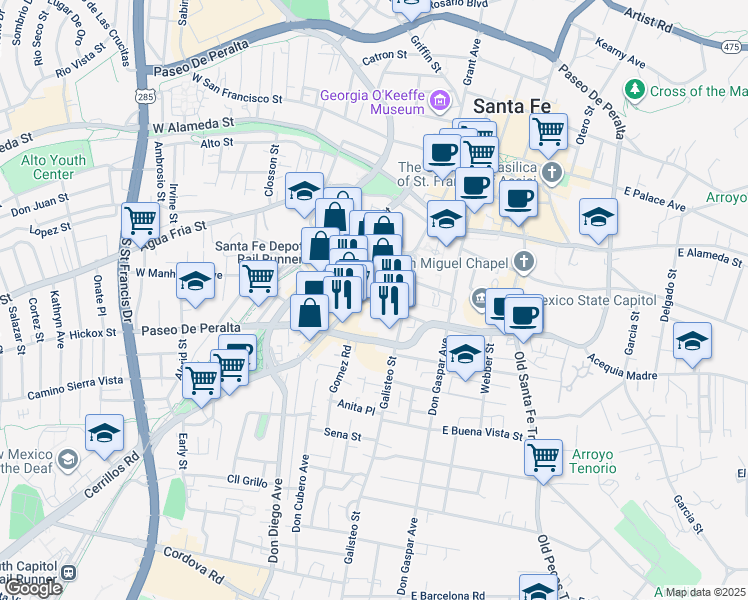 map of restaurants, bars, coffee shops, grocery stores, and more near 218 West Manhattan Avenue in Santa Fe