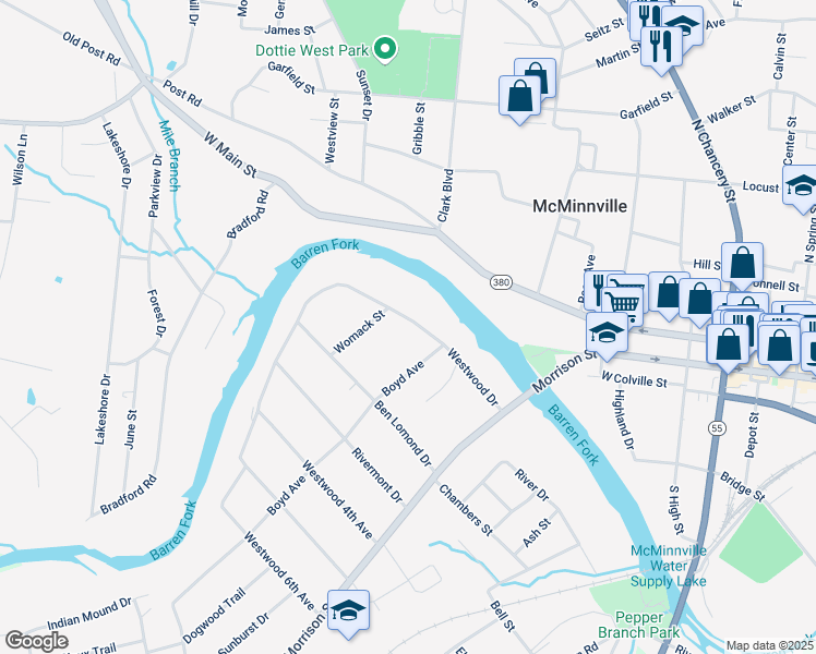 map of restaurants, bars, coffee shops, grocery stores, and more near 211 Westwood Drive in McMinnville