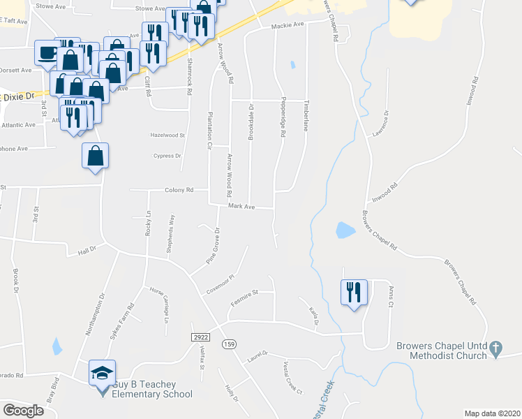 map of restaurants, bars, coffee shops, grocery stores, and more near 920A Mark Avenue in Asheboro