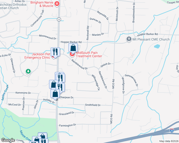 map of restaurants, bars, coffee shops, grocery stores, and more near 28 Willowridge Circle in Jackson