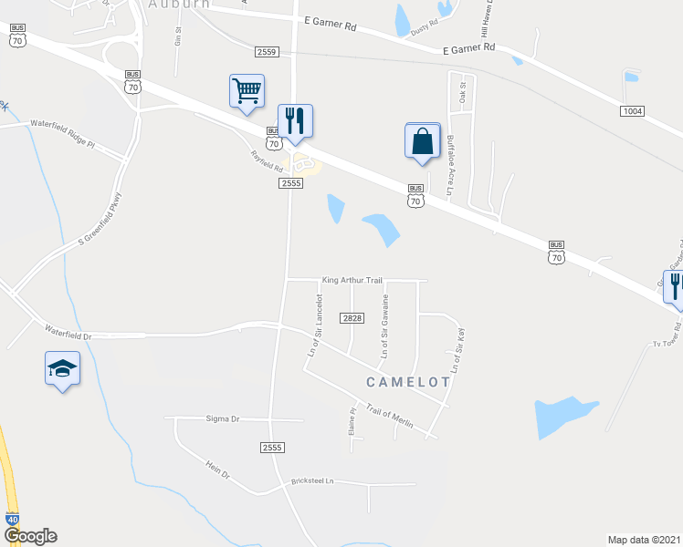 map of restaurants, bars, coffee shops, grocery stores, and more near 207 King Arthur Trail in Garner