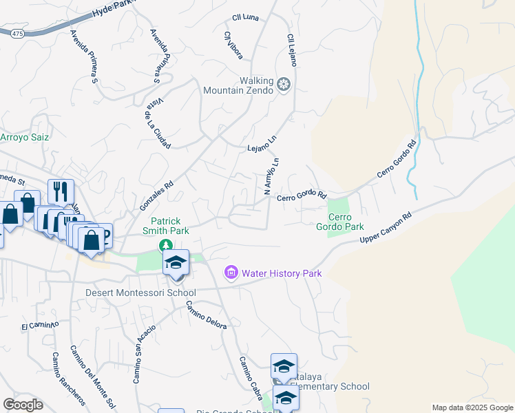 map of restaurants, bars, coffee shops, grocery stores, and more near 1286 Cerro Gordo Road in Santa Fe