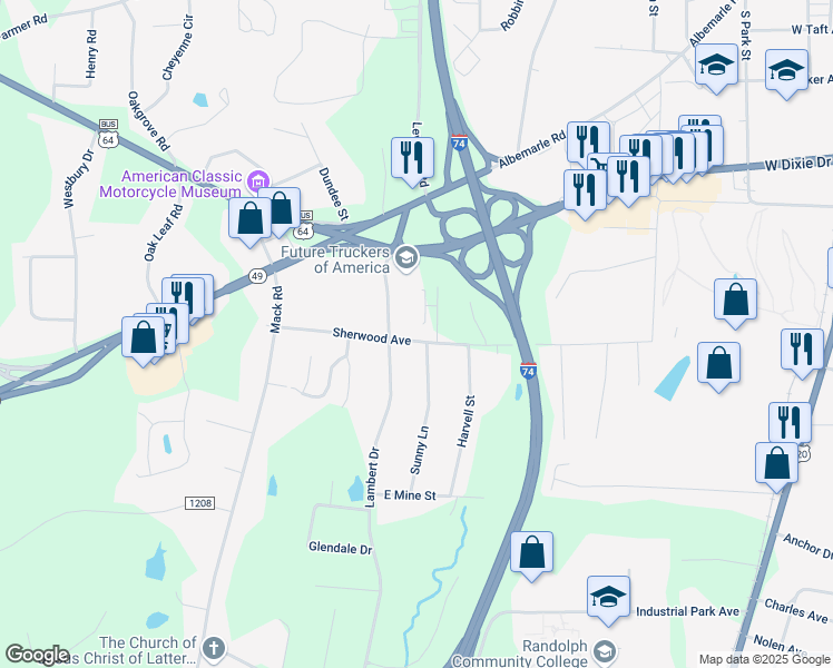 map of restaurants, bars, coffee shops, grocery stores, and more near 812 Sherwood Avenue in Asheboro