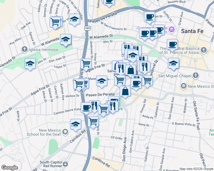 map of restaurants, bars, coffee shops, grocery stores, and more near 740 Montez Place in Santa Fe