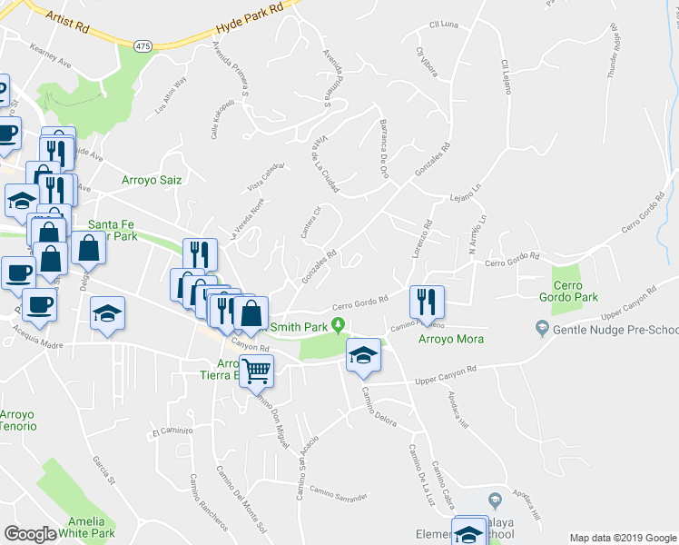 map of restaurants, bars, coffee shops, grocery stores, and more near 151 Gonzales Road in Santa Fe