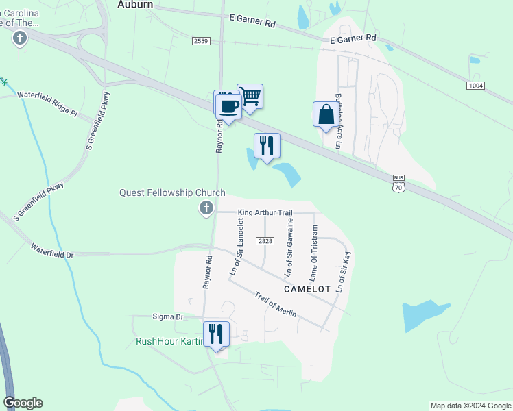 map of restaurants, bars, coffee shops, grocery stores, and more near 207 King Arthur Trail in Garner