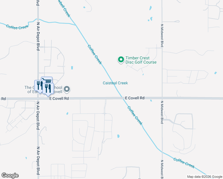 map of restaurants, bars, coffee shops, grocery stores, and more near 6421 East Covell Road in Edmond