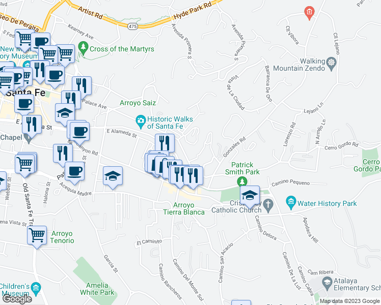 map of restaurants, bars, coffee shops, grocery stores, and more near 831 East Palace Avenue in Santa Fe