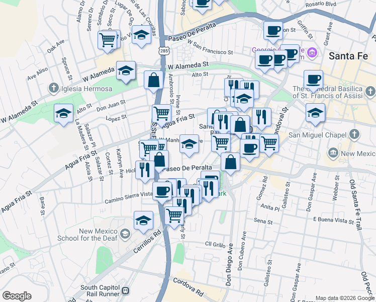 map of restaurants, bars, coffee shops, grocery stores, and more near 804 West Manhattan Avenue in Santa Fe
