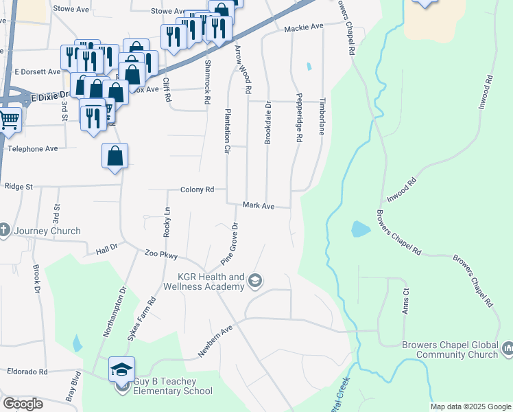 map of restaurants, bars, coffee shops, grocery stores, and more near 1704 Brookdale Drive in Asheboro