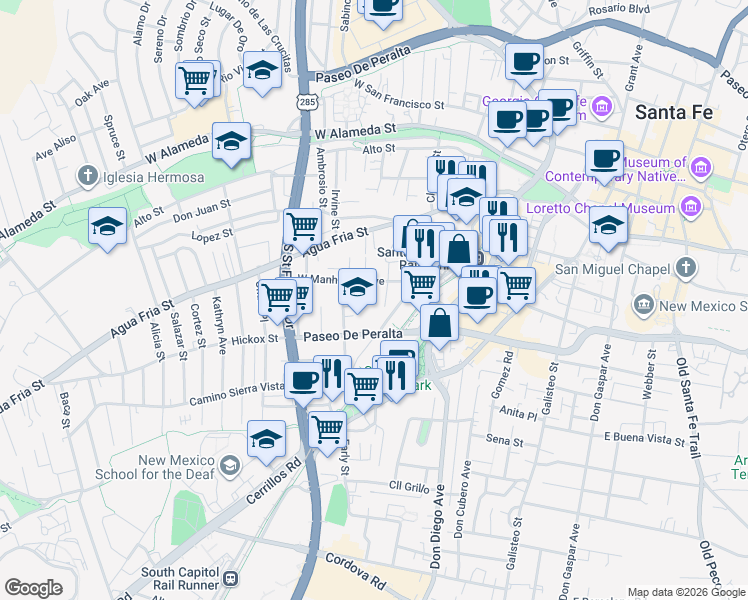 map of restaurants, bars, coffee shops, grocery stores, and more near 740 West Manhattan Avenue in Santa Fe