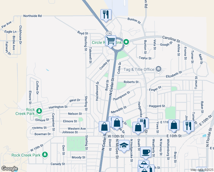 map of restaurants, bars, coffee shops, grocery stores, and more near 1408 Boyd Street in Borger