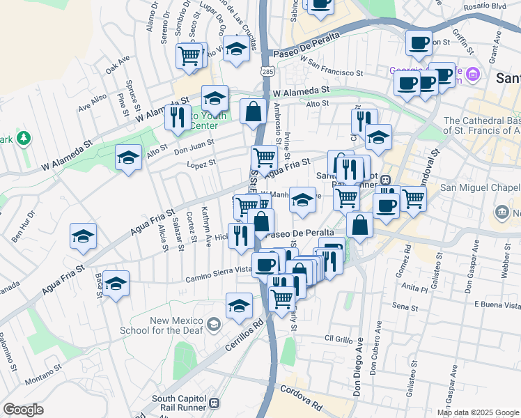 map of restaurants, bars, coffee shops, grocery stores, and more near 830 West Manhattan Avenue in Santa Fe