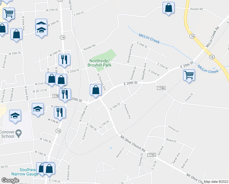 map of restaurants, bars, coffee shops, grocery stores, and more near 515 East 20th Street in Hickory