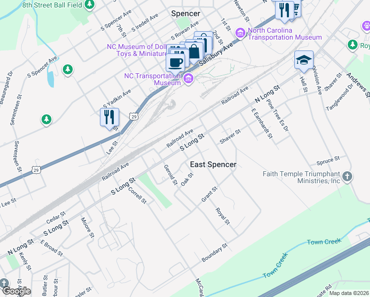 map of restaurants, bars, coffee shops, grocery stores, and more near 107 West Spencer Street in Salisbury