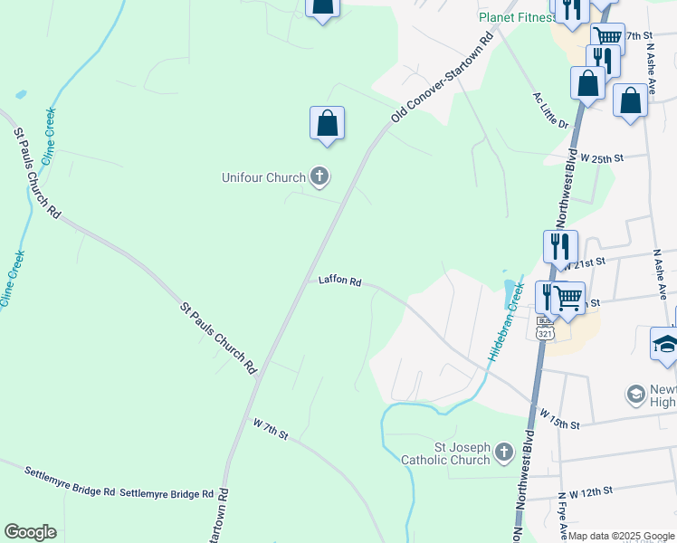 map of restaurants, bars, coffee shops, grocery stores, and more near 1136 Laffon Road in Newton