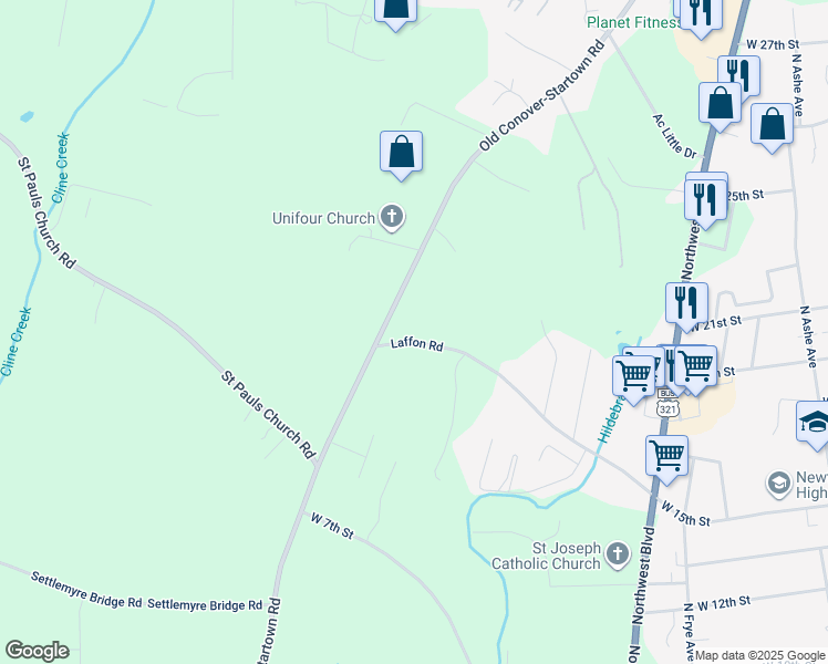 map of restaurants, bars, coffee shops, grocery stores, and more near 1136 Laffon Road in Newton