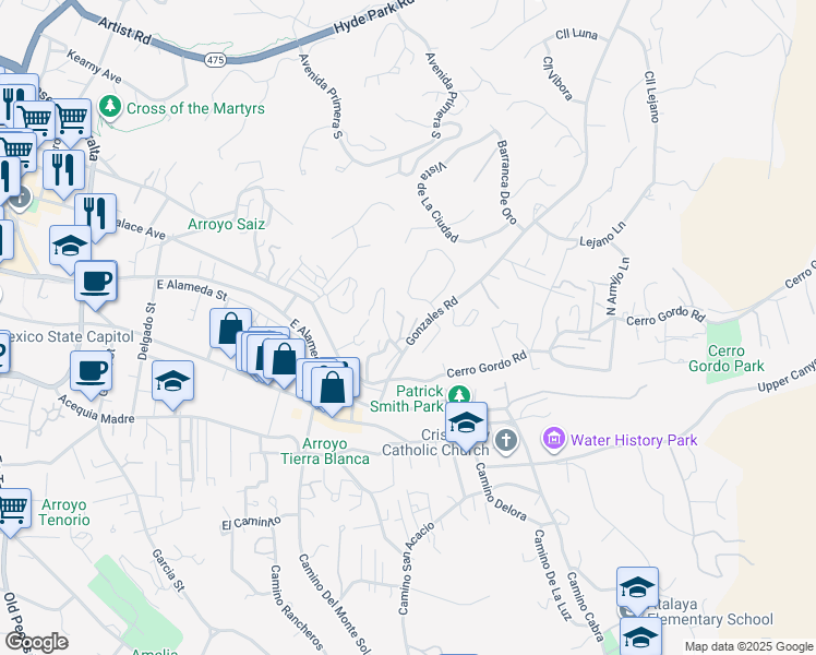 map of restaurants, bars, coffee shops, grocery stores, and more near 144 Gonzales Road in Santa Fe