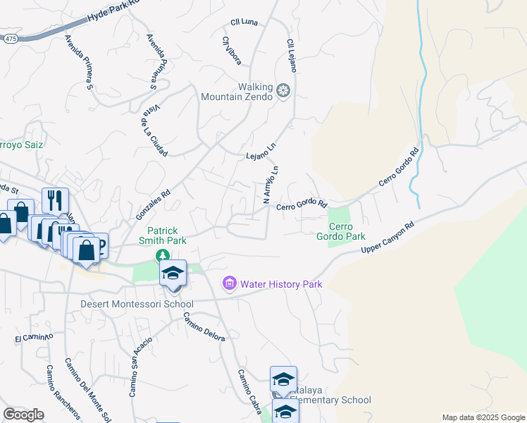 map of restaurants, bars, coffee shops, grocery stores, and more near 1258 Cerro Gordo Road in Santa Fe