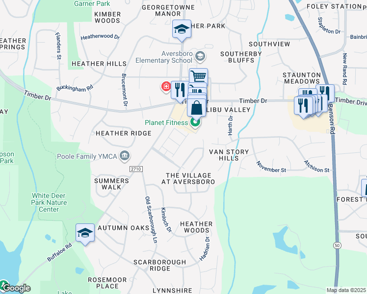 map of restaurants, bars, coffee shops, grocery stores, and more near 194 Gilder Woods Drive in Garner