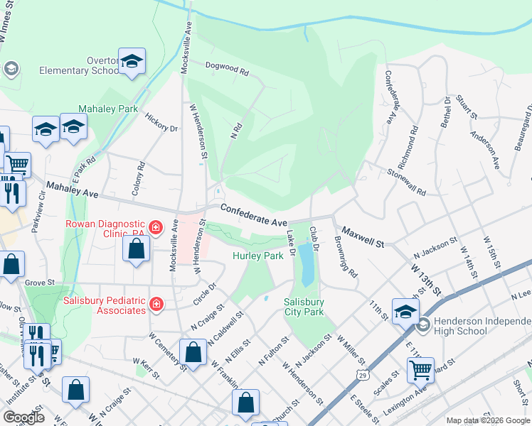 map of restaurants, bars, coffee shops, grocery stores, and more near 236 Confederate Avenue in Salisbury