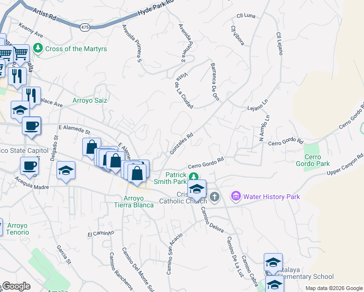map of restaurants, bars, coffee shops, grocery stores, and more near 151 Gonzales Road in Santa Fe