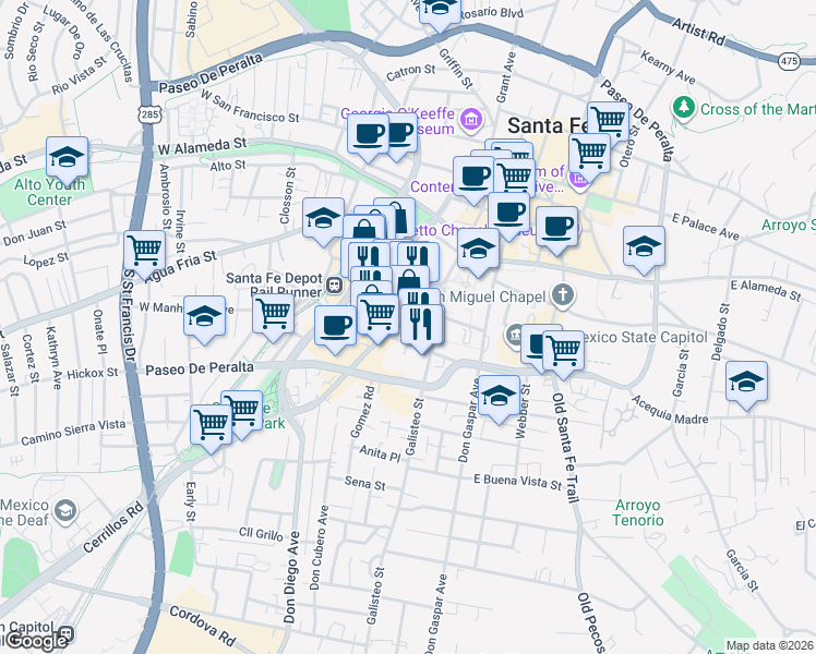 map of restaurants, bars, coffee shops, grocery stores, and more near 408 Galisteo Street in Santa Fe