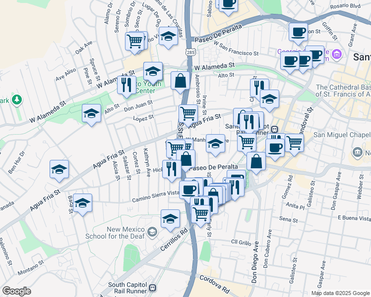 map of restaurants, bars, coffee shops, grocery stores, and more near 830 West Manhattan Avenue in Santa Fe
