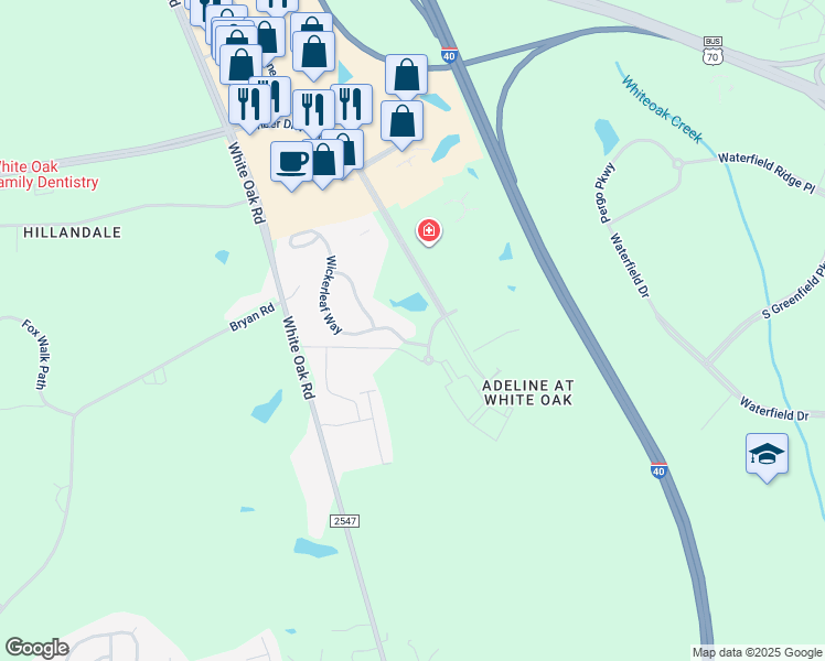 map of restaurants, bars, coffee shops, grocery stores, and more near 1500 Timber Drive East in Garner