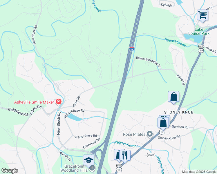 map of restaurants, bars, coffee shops, grocery stores, and more near 450 Aiken Road in Asheville