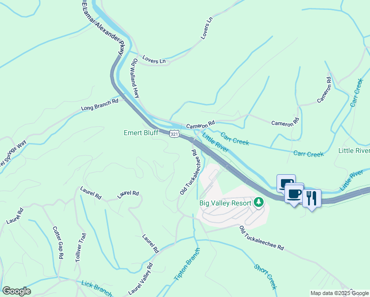 map of restaurants, bars, coffee shops, grocery stores, and more near 7016 E Lamar Alexander Pkwy in Townsend