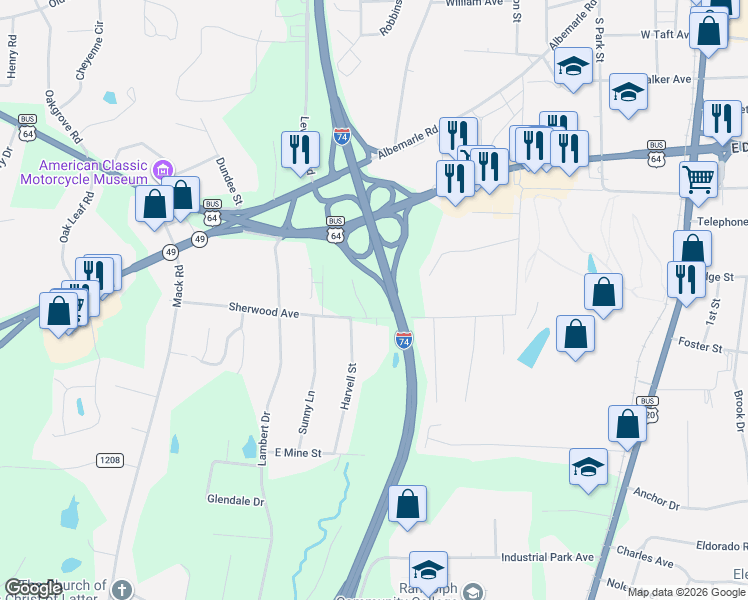 map of restaurants, bars, coffee shops, grocery stores, and more near 255 Harvell Street Ext in Asheboro