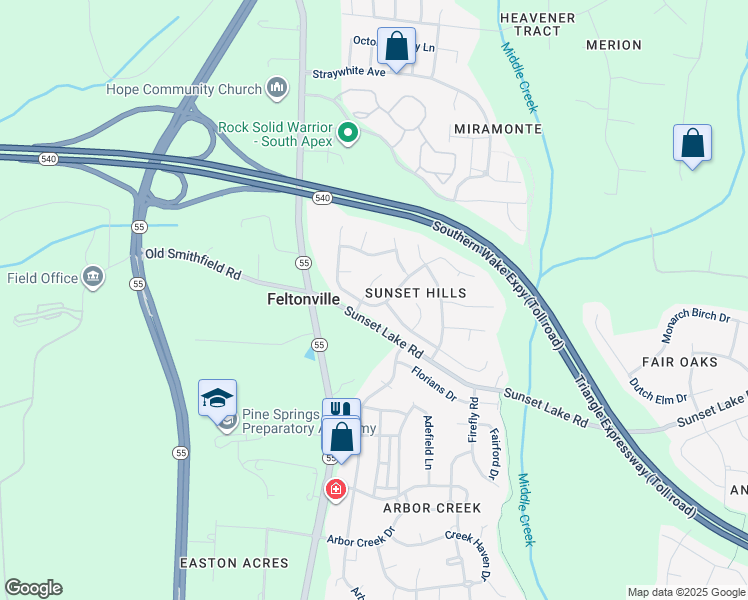 map of restaurants, bars, coffee shops, grocery stores, and more near 103 Thorncrest Drive in Apex