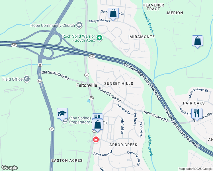 map of restaurants, bars, coffee shops, grocery stores, and more near 103 Thorncrest Drive in Apex
