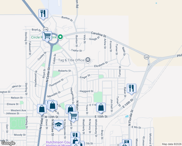 map of restaurants, bars, coffee shops, grocery stores, and more near 1401-1437 Clayton Street in Borger