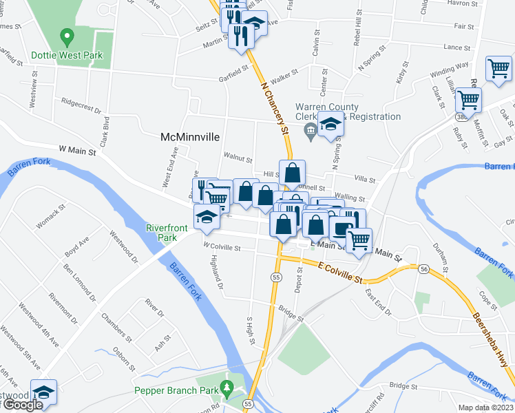 map of restaurants, bars, coffee shops, grocery stores, and more near 209 North High Street in McMinnville