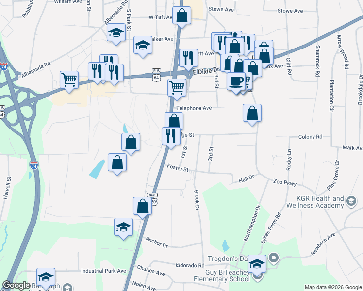 map of restaurants, bars, coffee shops, grocery stores, and more near 202 Ridge Street in Asheboro