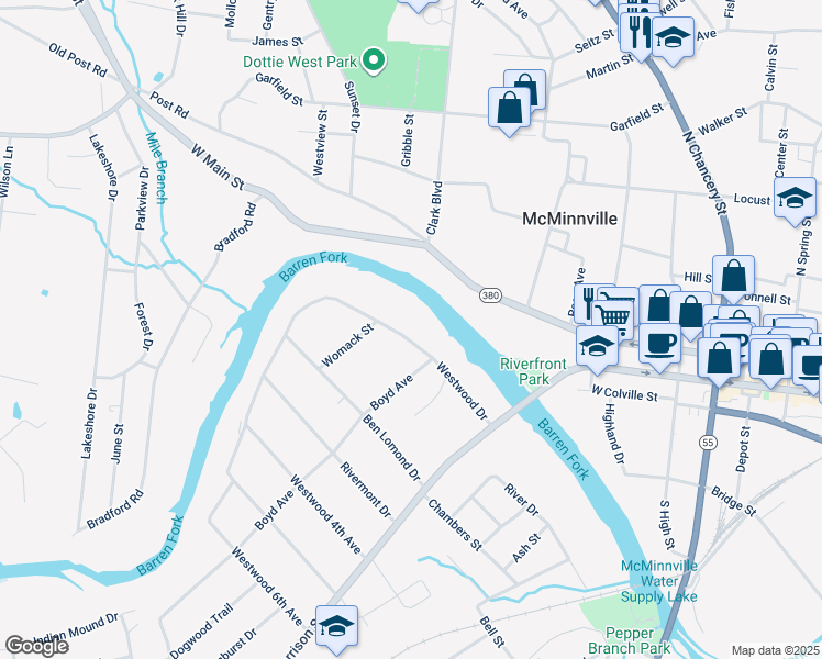 map of restaurants, bars, coffee shops, grocery stores, and more near 210 Westwood Drive in McMinnville