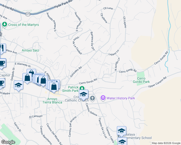 map of restaurants, bars, coffee shops, grocery stores, and more near 267 Las Colinas Drive in Santa Fe