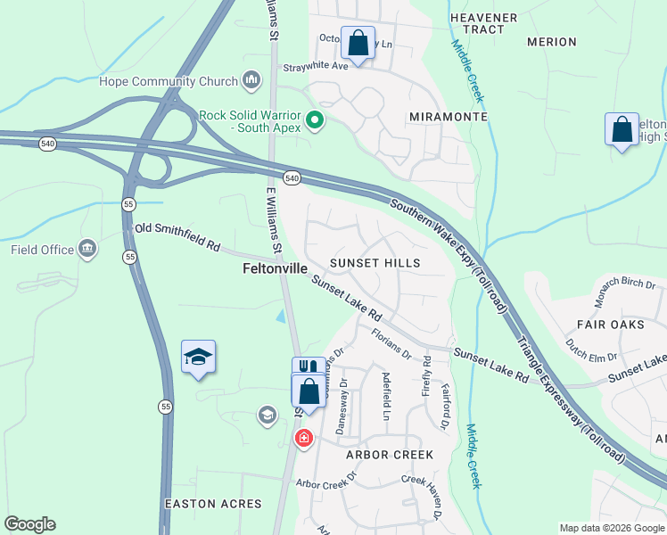 map of restaurants, bars, coffee shops, grocery stores, and more near 205 Windcap Drive in Apex