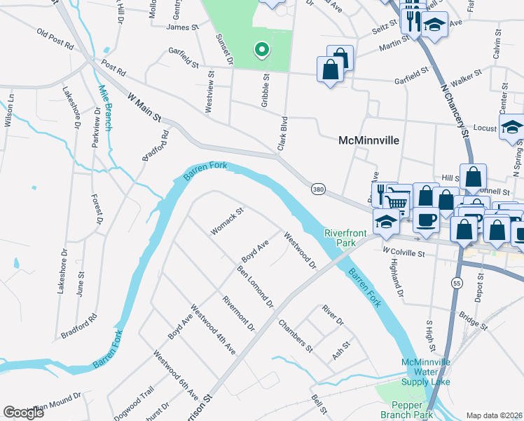 map of restaurants, bars, coffee shops, grocery stores, and more near 210 Westwood Drive in McMinnville