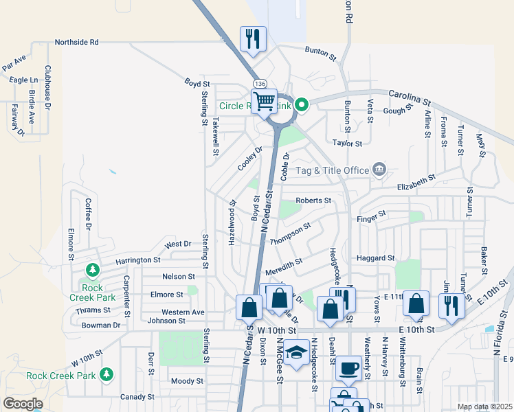 map of restaurants, bars, coffee shops, grocery stores, and more near 1408 Boyd Street in Borger