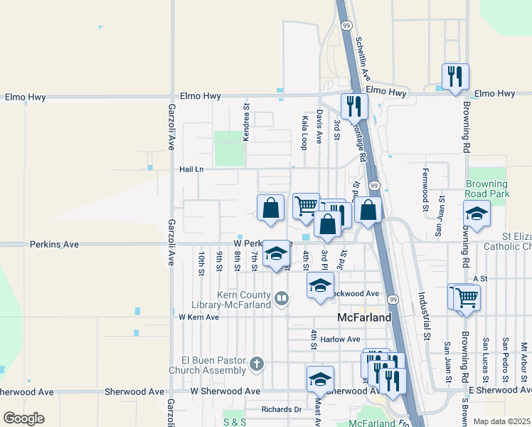 map of restaurants, bars, coffee shops, grocery stores, and more near 799 5th Street in McFarland