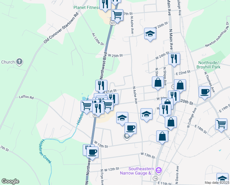 map of restaurants, bars, coffee shops, grocery stores, and more near 2037 North Frye Avenue in Newton