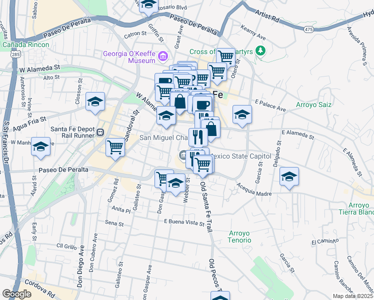 map of restaurants, bars, coffee shops, grocery stores, and more near 132 East De Vargas Street in Santa Fe