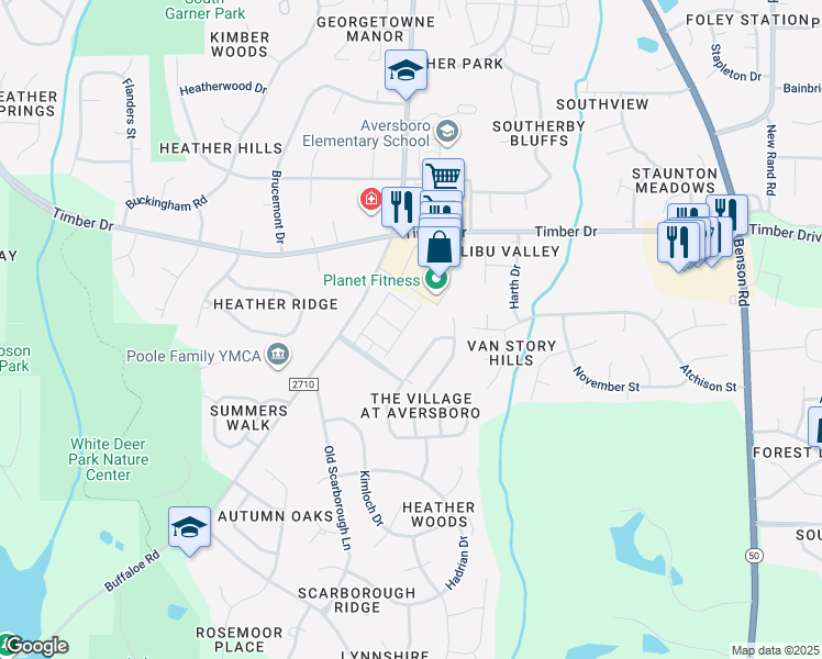 map of restaurants, bars, coffee shops, grocery stores, and more near 266 Gilder Woods Drive in Garner