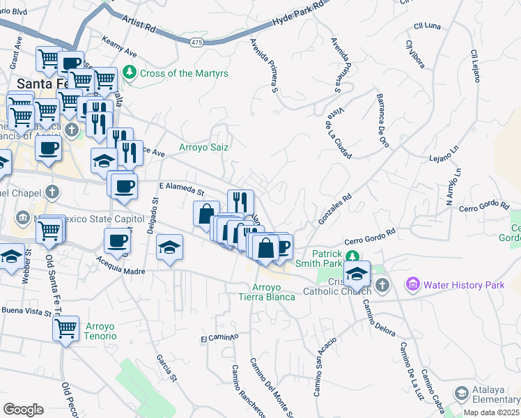 map of restaurants, bars, coffee shops, grocery stores, and more near 810 East Palace Avenue in Santa Fe